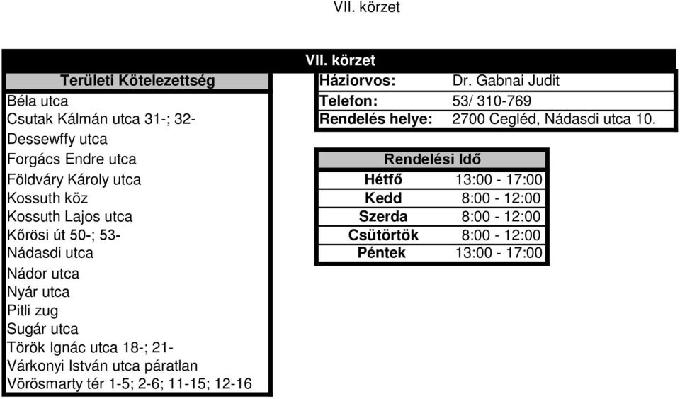 13:00-17:00 Kossuth köz Kedd 8:00-12:00 Kossuth Lajos utca Szerda 8:00-12:00 Kőrösi út 50-; 53- Csütörtök 8:00-12:00