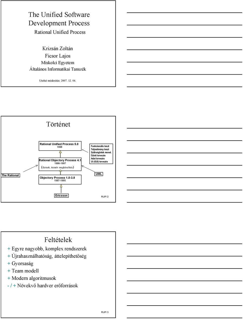 1 1996-1997 (fázisok, iteratív megközelítés) Objectory Process 1.0-3.8 1987-1995 Funkcionális teszt Teljesítmény teszt Szükségletek menet.