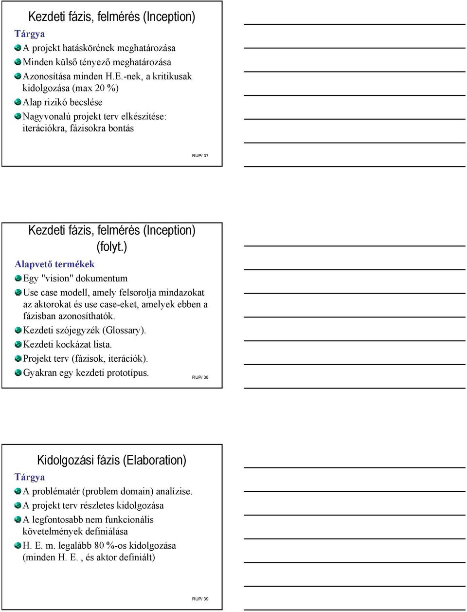 ) Alapvető termékek Egy "vision" dokumentum Use case modell, amely felsorolja mindazokat az aktorokat és use case-eket, amelyek ebben a fázisban azonosíthatók. Kezdeti szójegyzék (Glossary).