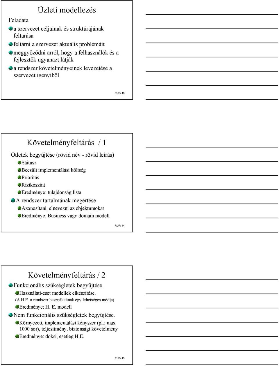 tulajdonság lista A rendszer tartalmának megértése Azonosítani, elnevezni az objektumokat Eredménye: Business vagy domain modell RUP/ 44 Követelményfeltárás / 2 Funkcionális szükségletek begyűjtése.