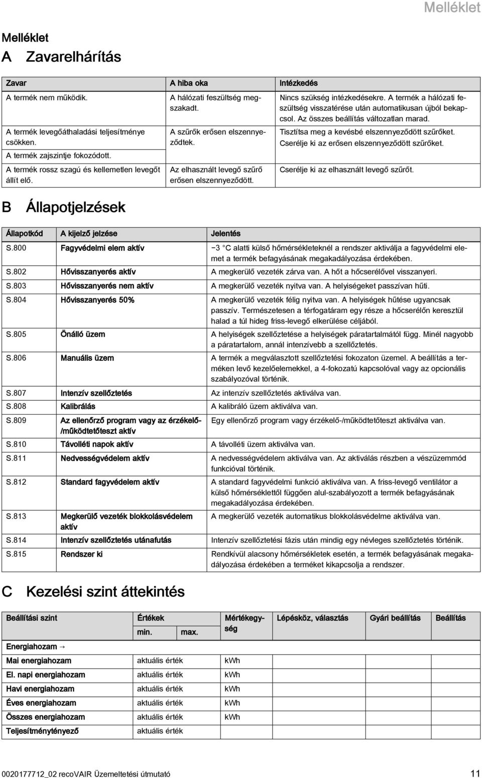 Nincs szükség intézkedésekre. A termék a hálózati feszültség visszatérése után automatikusan újból bekapcsol. Az összes beállítás változatlan marad. Tisztítsa meg a kevésbé elszennyeződött szűrőket.
