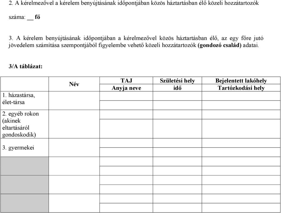 szempontjából figyelembe vehető közeli hozzátartozók (gondozó család) adatai. 3/A táblázat: 1. házastársa, élet-társa 2.