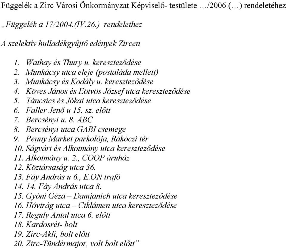 Faller Jenő u 15. sz. előtt 7. Bercsényi u. 8. ABC 8. Bercsényi utca GABI csemege 9. Penny Market parkolója, Rákóczi tér 10. Ságvári és Alkotmány utca kereszteződése 11. Alkotmány u. 2.