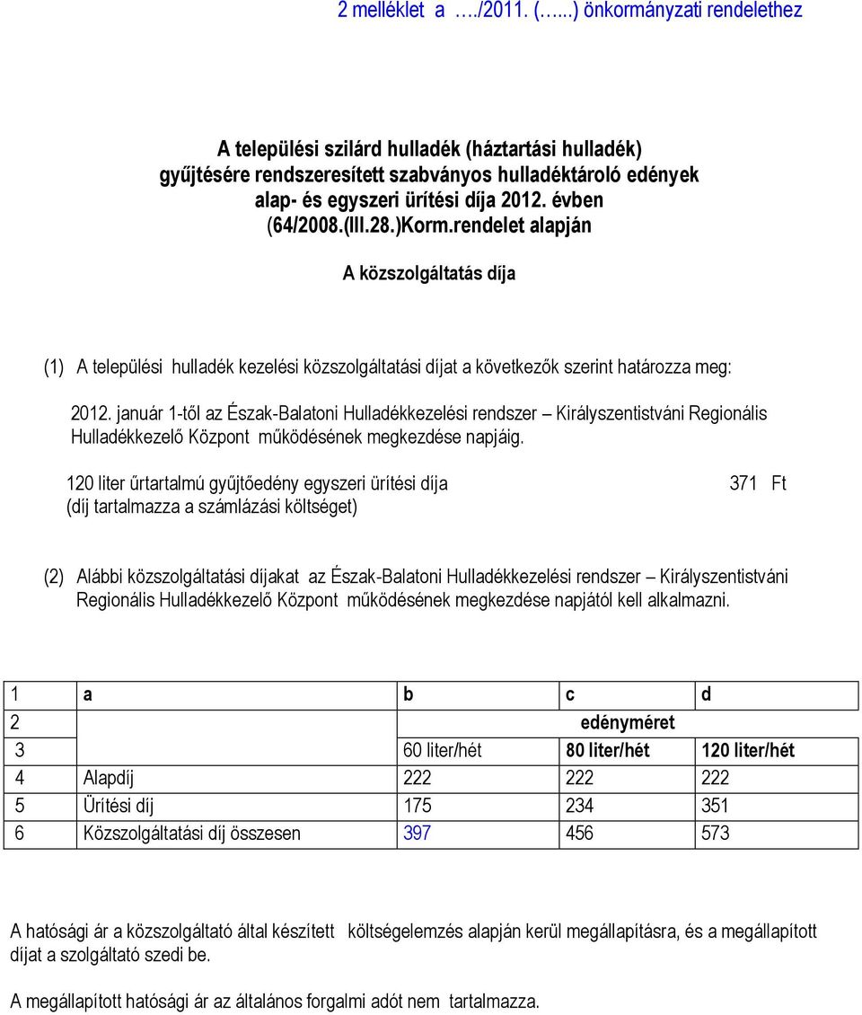 január 1-től az Észak-Balatoni Hulladékkezelési rendszer Királyszentistváni Regionális Hulladékkezelő Központ működésének megkezdése napjáig.