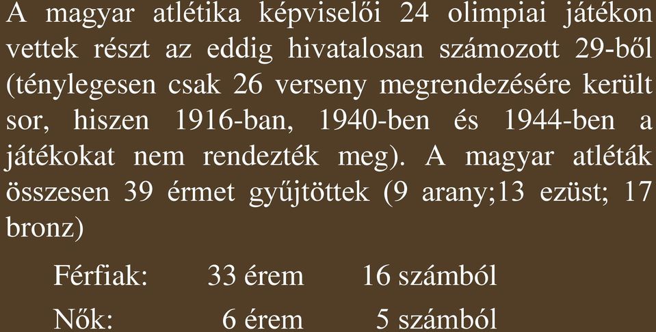 1916-ban, 1940-ben és 1944-ben a játékokat nem rendezték meg).