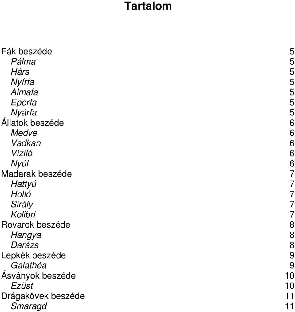 7 Holló 7 Sirály 7 Kolibri 7 Rovarok beszéde 8 Hangya 8 Darázs 8 Lepkék