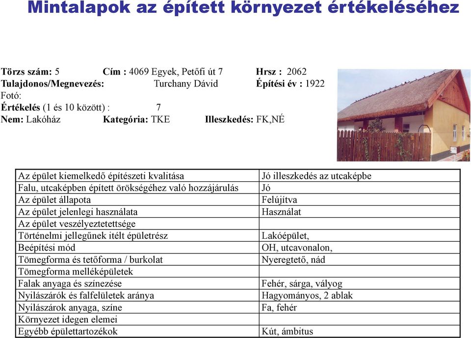 veszélyeztetettsége Történelmi jellegűnek itélt épületrész Beépítési mód Tömegforma és tetőforma / burkolat Tömegforma melléképületek Falak anyaga és színezése Nyilászárók és falfelületek aránya
