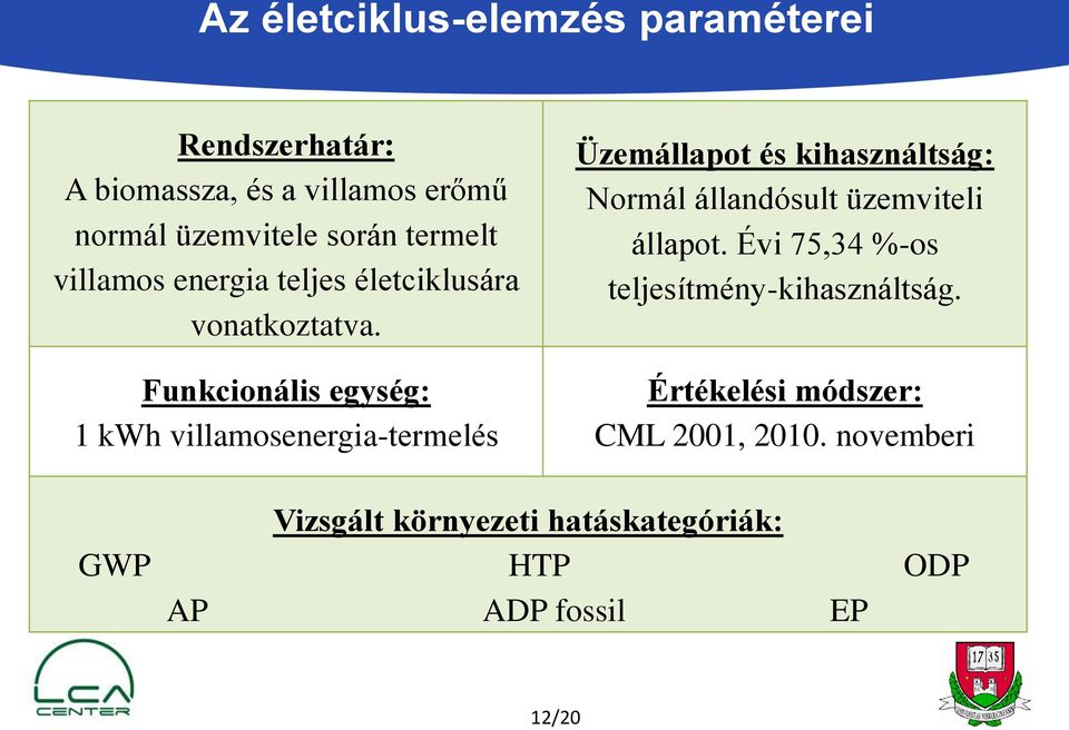 Funkcionális egység: 1 kwh villamosenergia-termelés Üzemállapot és kihasználtság: Normál állandósult üzemviteli