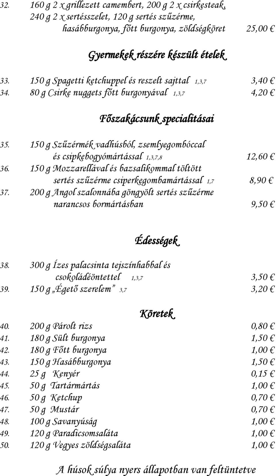 150 g Szűzérmék vadhúsból, zsemlyegombóccal és csipkebogyómártással 1,3,7,8 12,60 36. 150 g Mozzarellával és bazsalikommal töltött sertés szűzérme csiperkegombamártással 1,7 8,90 37.