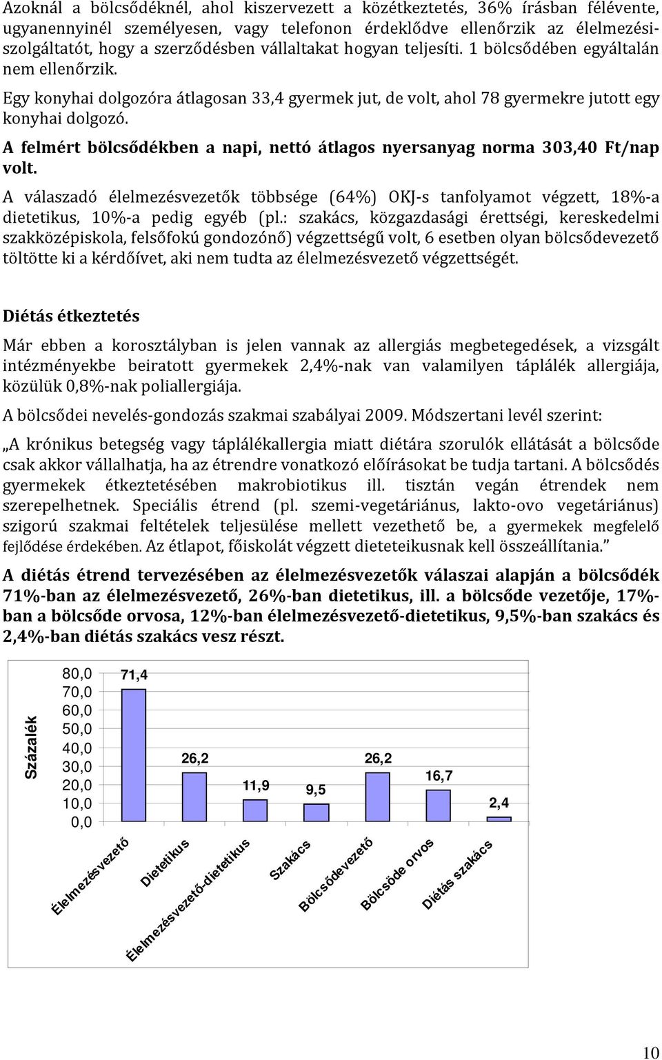 A felmért bölcsődékben a napi, nettó átlagos nyersanyag norma 303,40 Ft/nap volt. A válaszadó élelmezésvezetők többsége (64%) OKJ-s tanfolyamot végzett, 18%-a dietetikus, 10%-a pedig egyéb (pl.