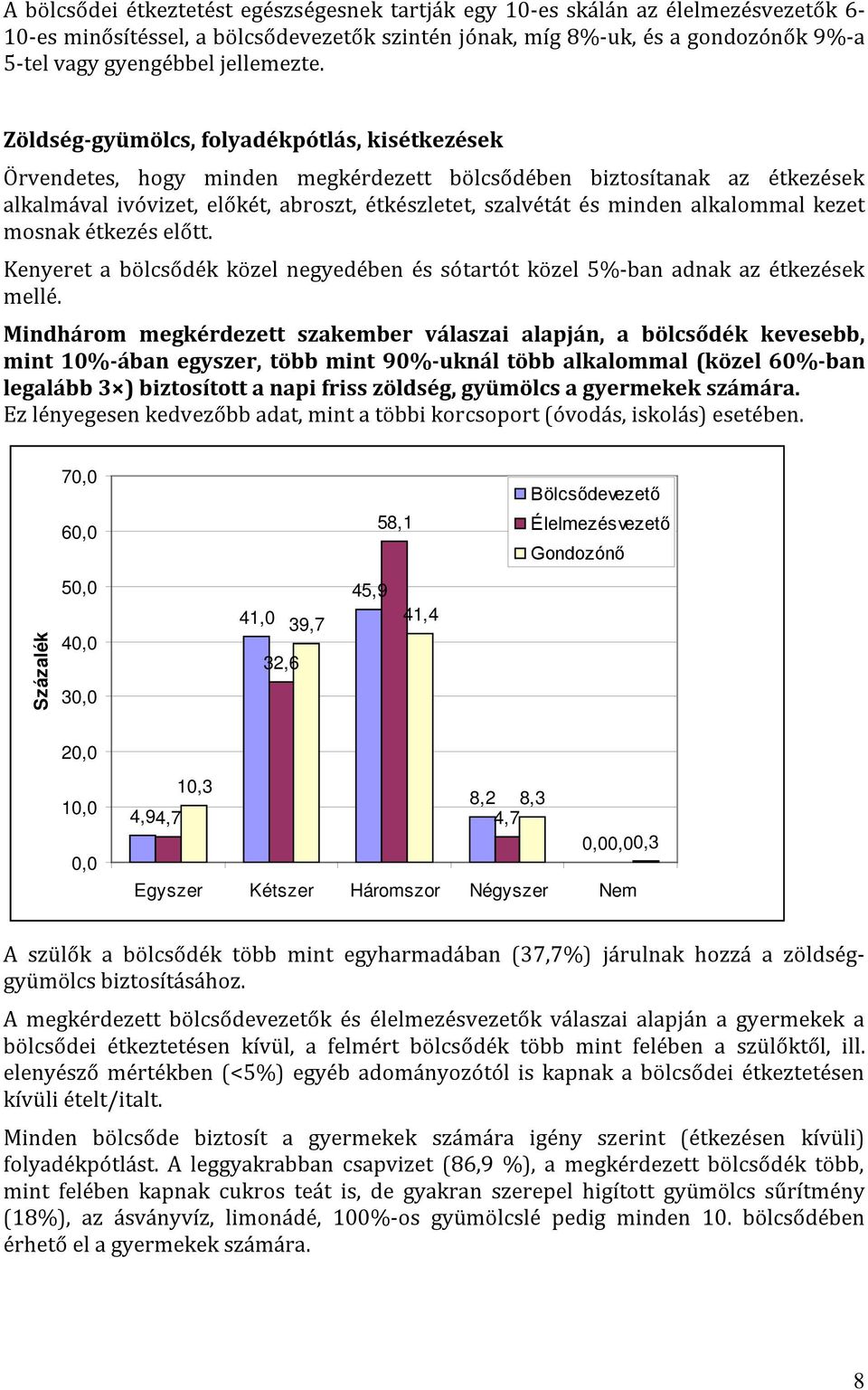 Zöldség-gyümölcs, folyadékpótlás, kisétkezések Örvendetes, hogy minden megkérdezett bölcsődében biztosítanak az étkezések alkalmával ivóvizet, előkét, abroszt, étkészletet, szalvétát és minden