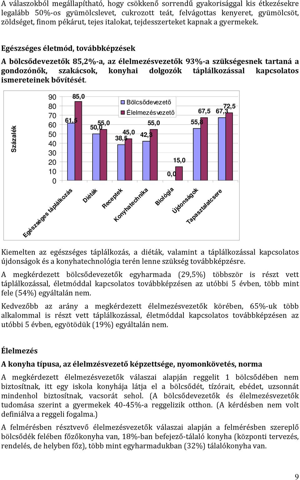 Egészséges életmód, továbbképzések A bölcsődevezetők 85,2%-a, az élelmezésvezetők 93%-a szükségesnek tartaná a gondozónők, szakácsok, konyhai dolgozók táplálkozással kapcsolatos ismereteinek