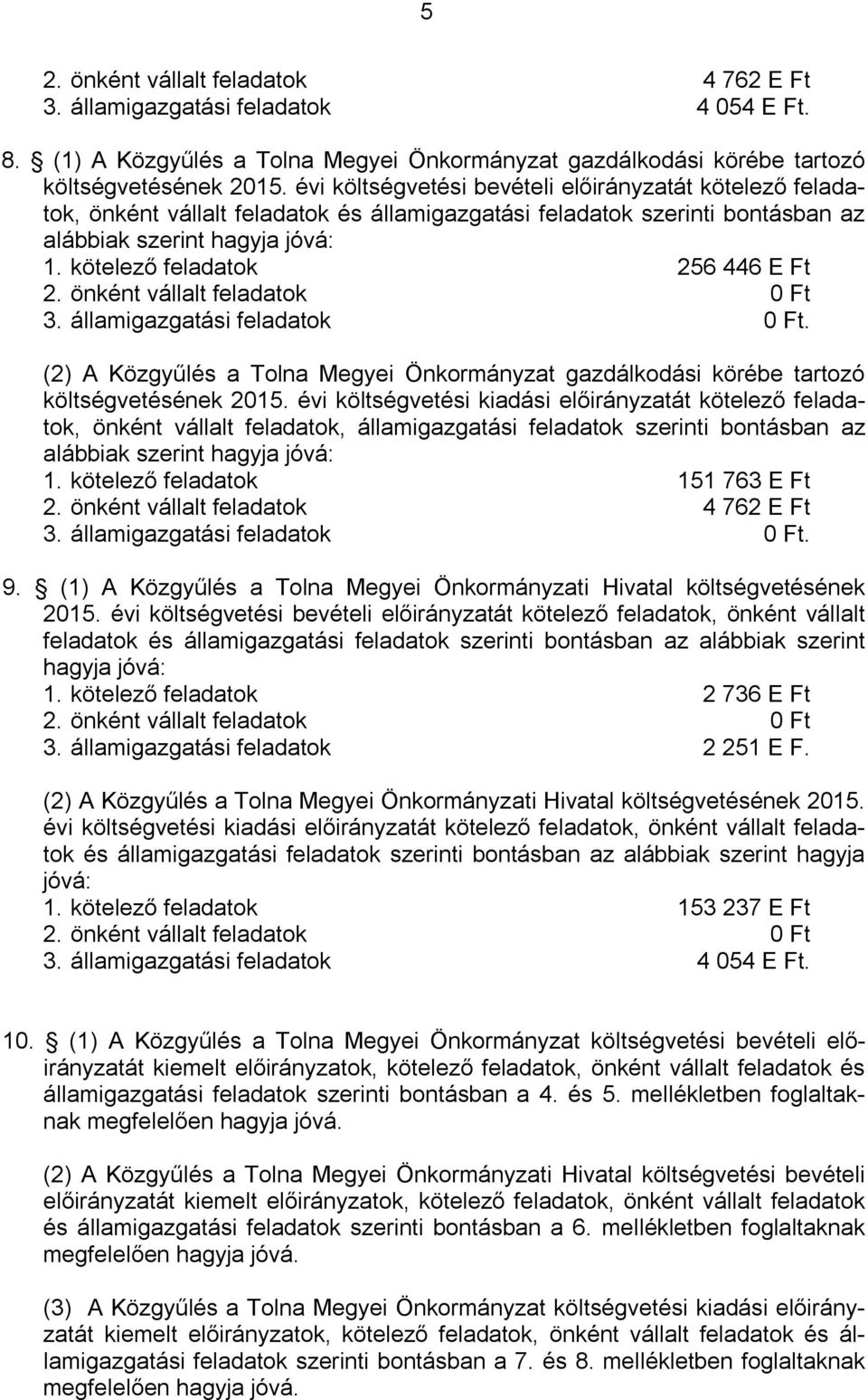 kötelező feladatok 256 446 E Ft 2. önként vállalt feladatok 0 Ft 3. államigazgatási feladatok 0 Ft. (2) A Közgyűlés a Tolna Megyei Önkormányzat gazdálkodási körébe tartozó költségvetésének 2015.