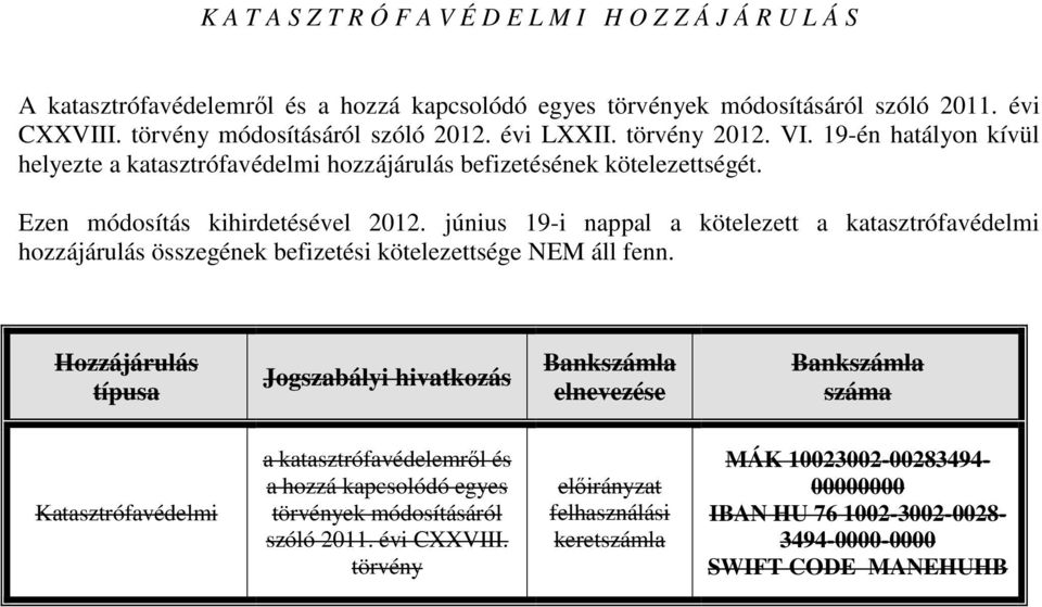 június 19-i nappal a kötelezett a katasztrófavédelmi hozzájárulás összegének befizetési kötelezettsége NEM áll fenn.