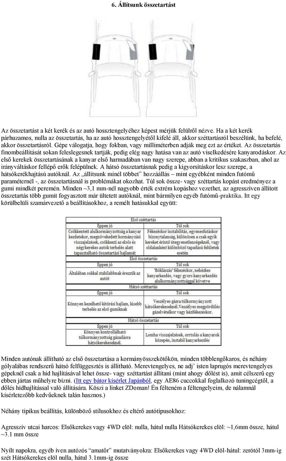 Gépe válogatja, hogy fokban, vagy milliméterben adják meg ezt az értéket. Az összetartás finombeállítását sokan feleslegesnek tartják, pedig elég nagy hatása van az autó viselkedésére kanyarodáskor.