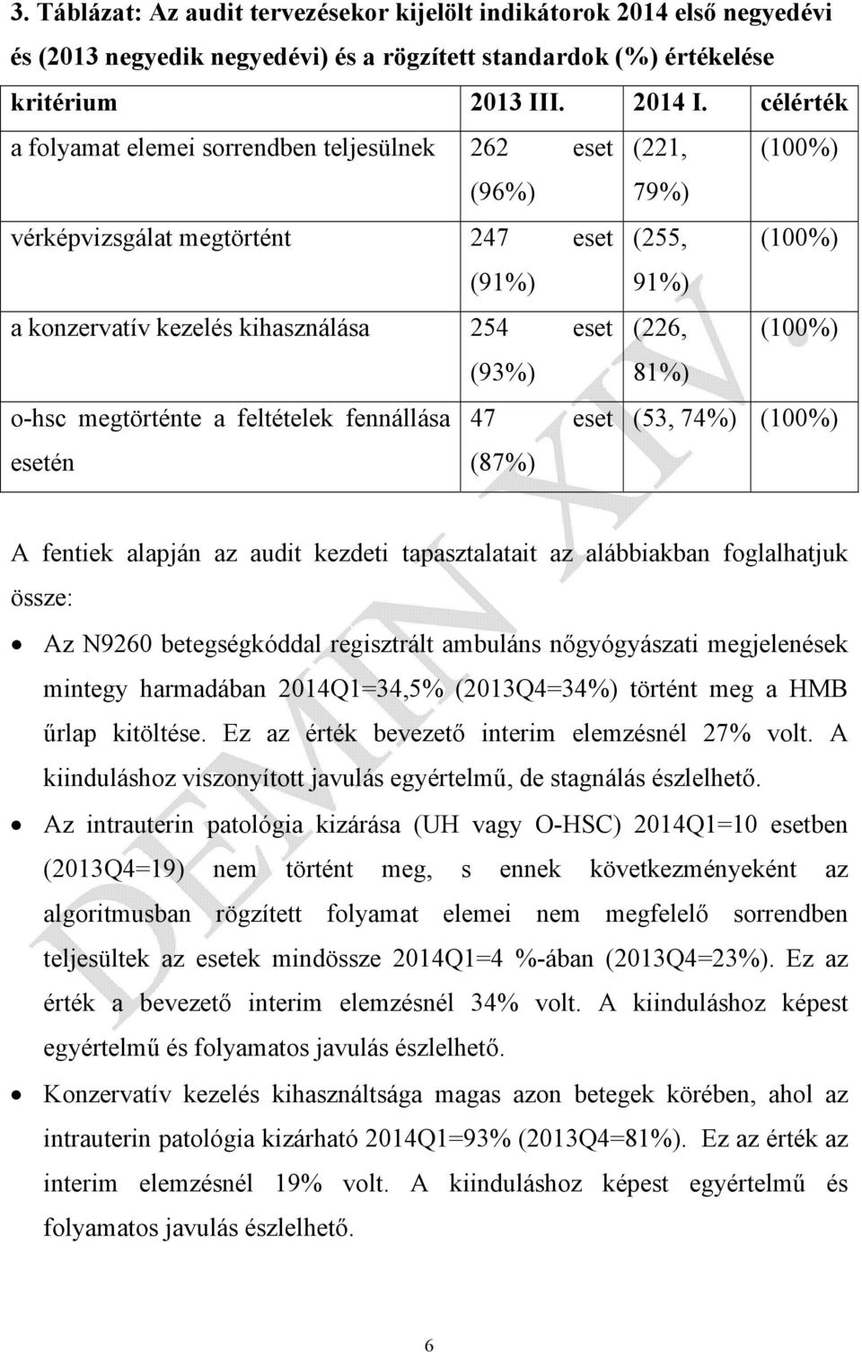 (93%) 81%) o-hsc megtörténte a feltételek fennállása 47 eset (53, 74%) (100%) esetén (87%) A fentiek alapján az audit kezdeti tapasztalatait az alábbiakban foglalhatjuk össze: Az N9260 betegségkóddal