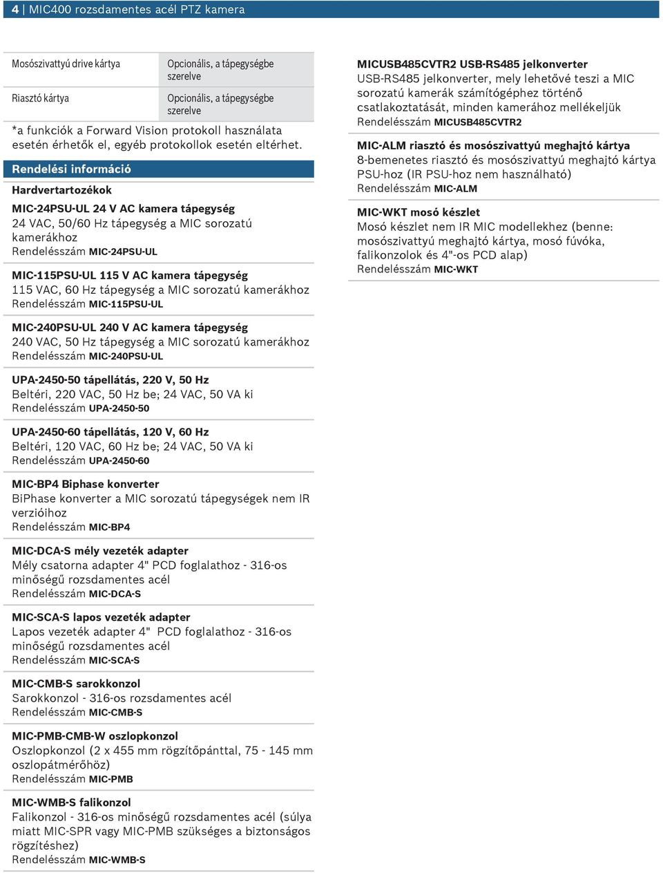 Rendelési információ Hardvertartozékok MIC-24PSU-UL 24 V AC kamera tápegység 24 VAC, 50/60 Hz tápegység a MIC sorozatú kamerákhoz Rendelésszám MIC-24PSU-UL MIC-115PSU-UL 115 V AC kamera tápegység 115