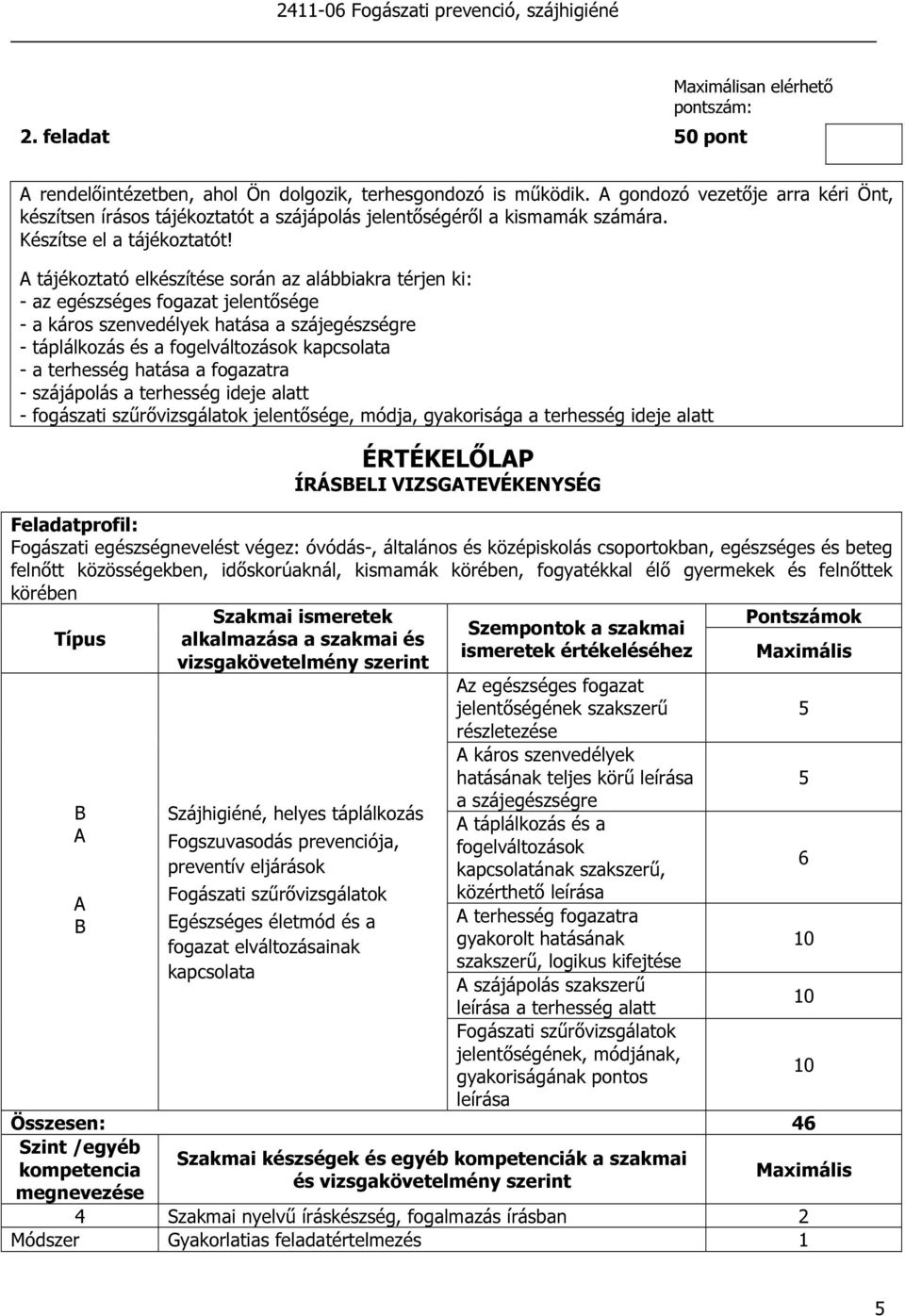 A tájékoztató elkészítése során az alábbiakra térjen ki: - az egészséges fogazat jelentősége - a káros szenvedélyek hatása a szájegészségre - táplálkozás és a fogelváltozások kapcsolata - a terhesség