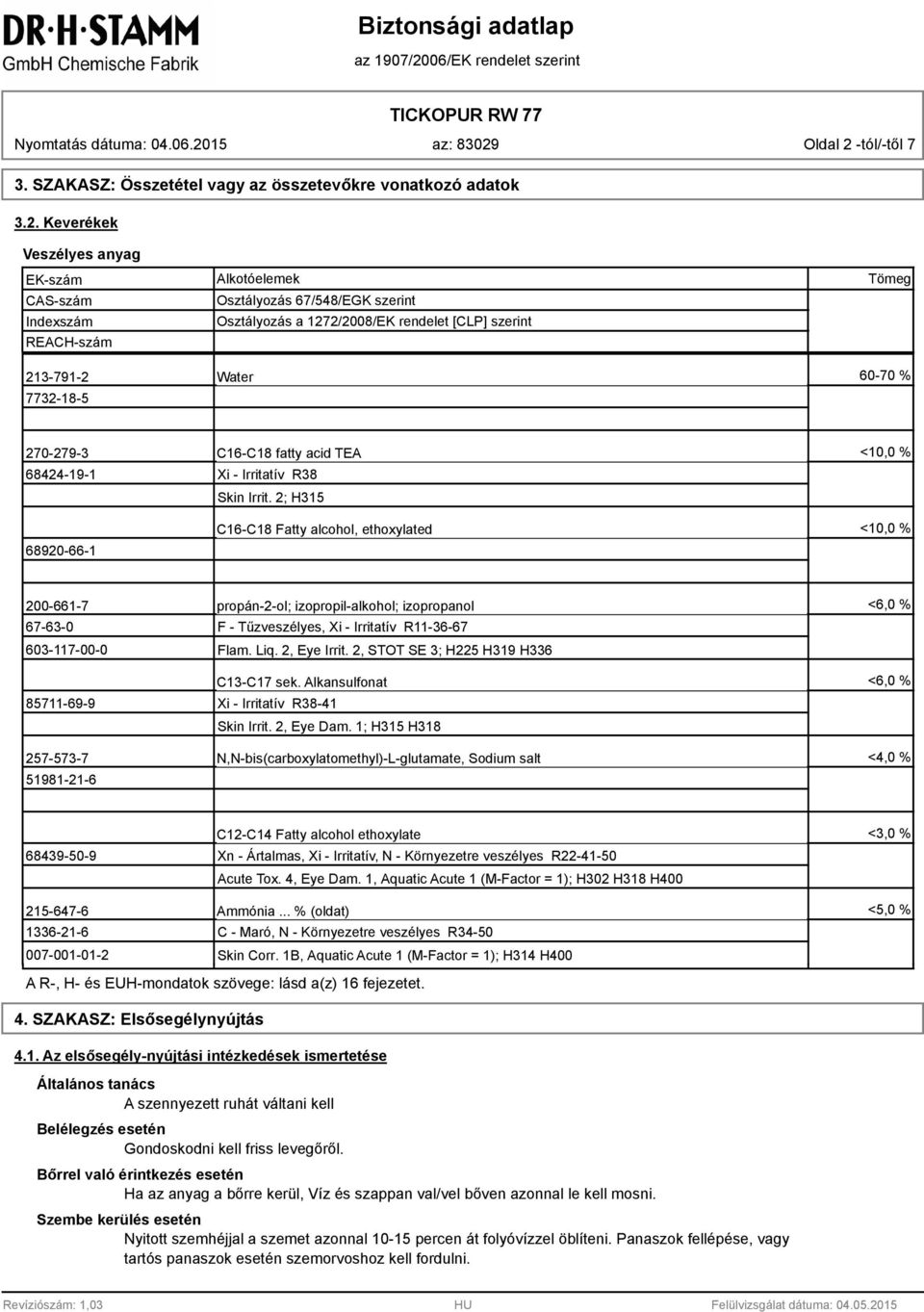 Keverékek Veszélyes anyag EK-szám Indexszám REACH-szám Osztályozás 67/548/EGK szerint Osztályozás a 1272/2008/EK rendelet [CLP] szerint Tömeg 213-791-2 Water 60-70 % 7732-18-5 270-279-3 C16-C18 fatty