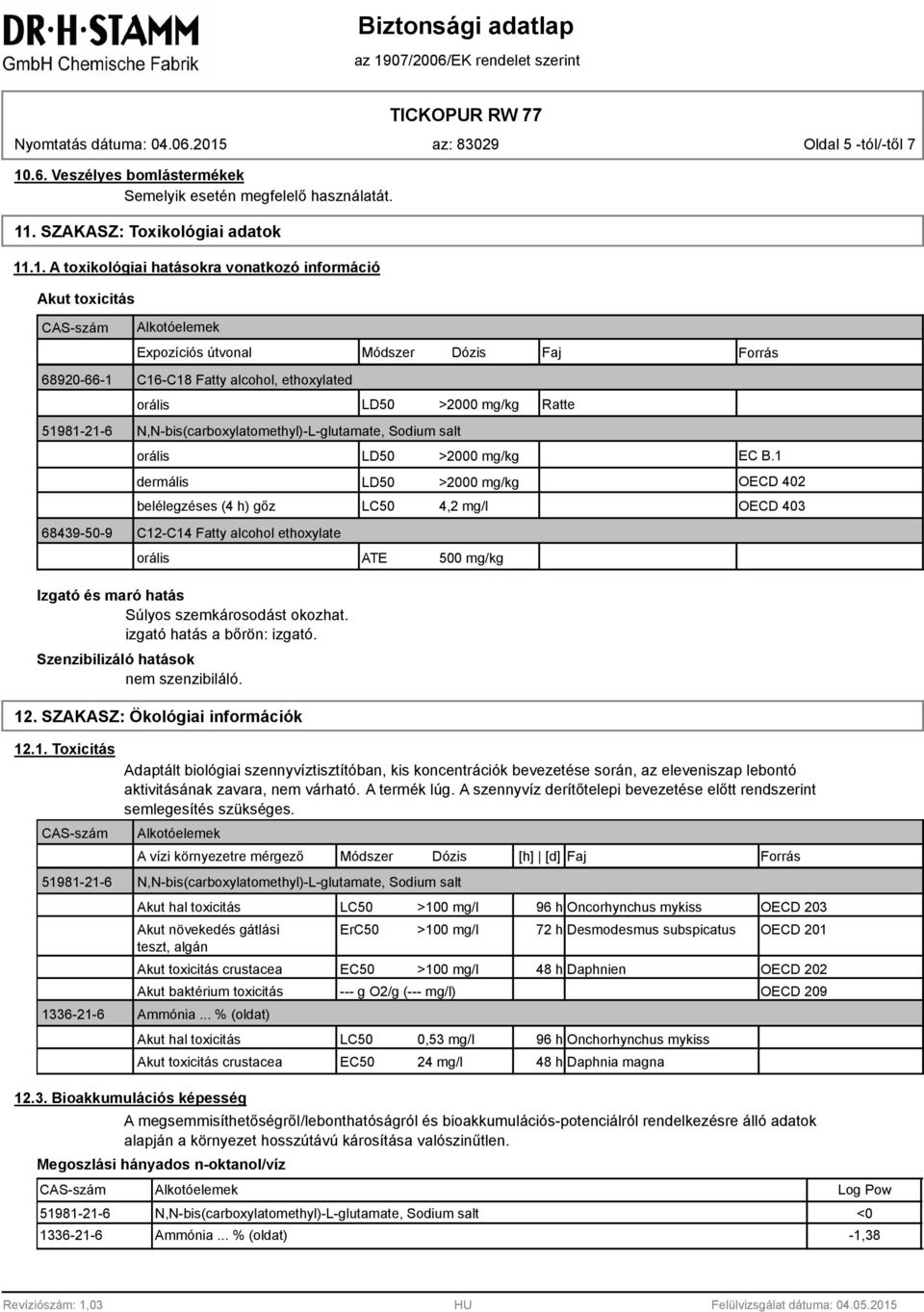 . SZAKASZ: Toxikológiai adatok 11