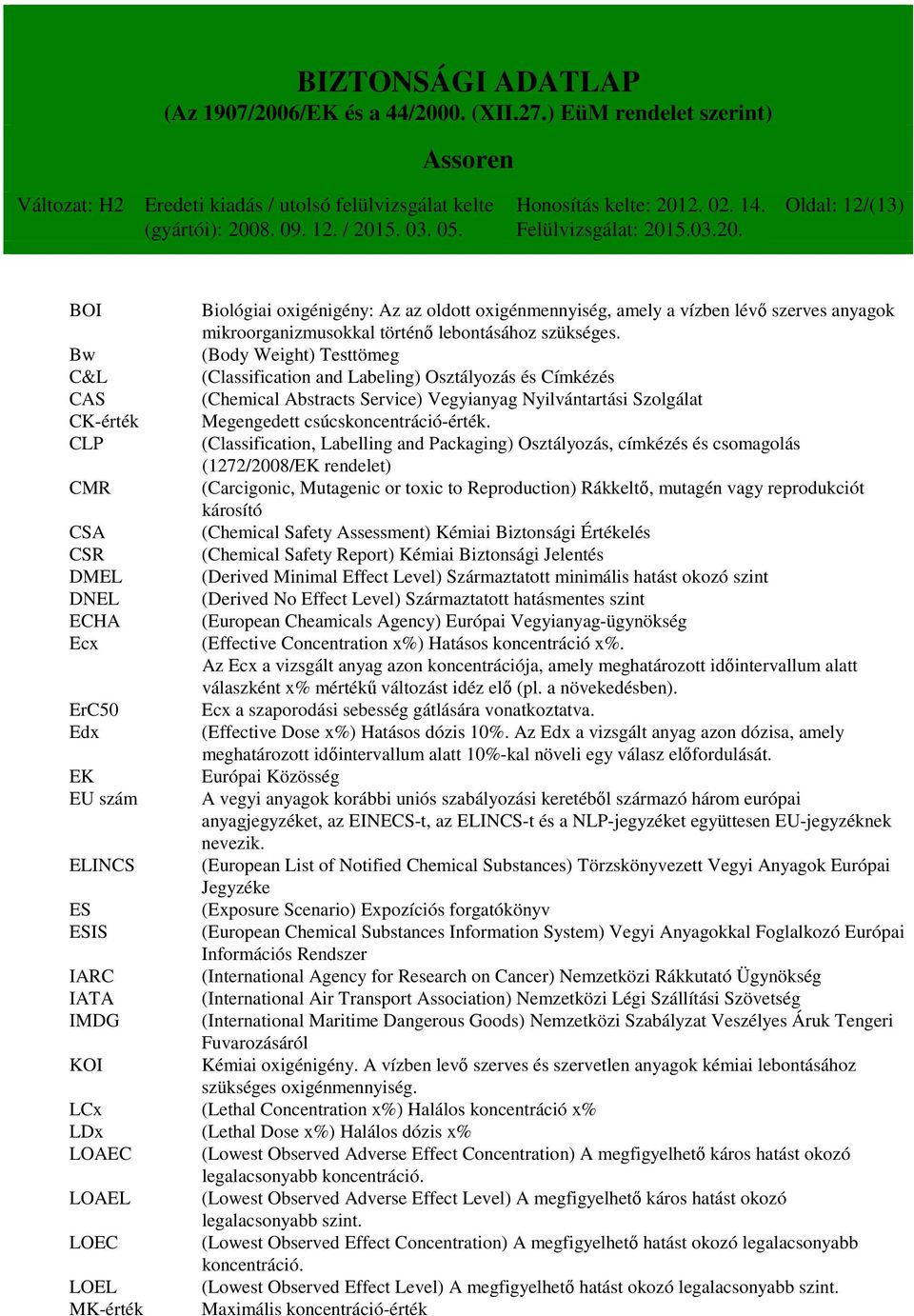 CLP (Classification, Labelling and Packaging) Osztályozás, címkézés és csomagolás (1272/2008/EK rendelet) CMR (Carcigonic, Mutagenic or toxic to Reproduction) Rákkeltő, mutagén vagy reprodukciót