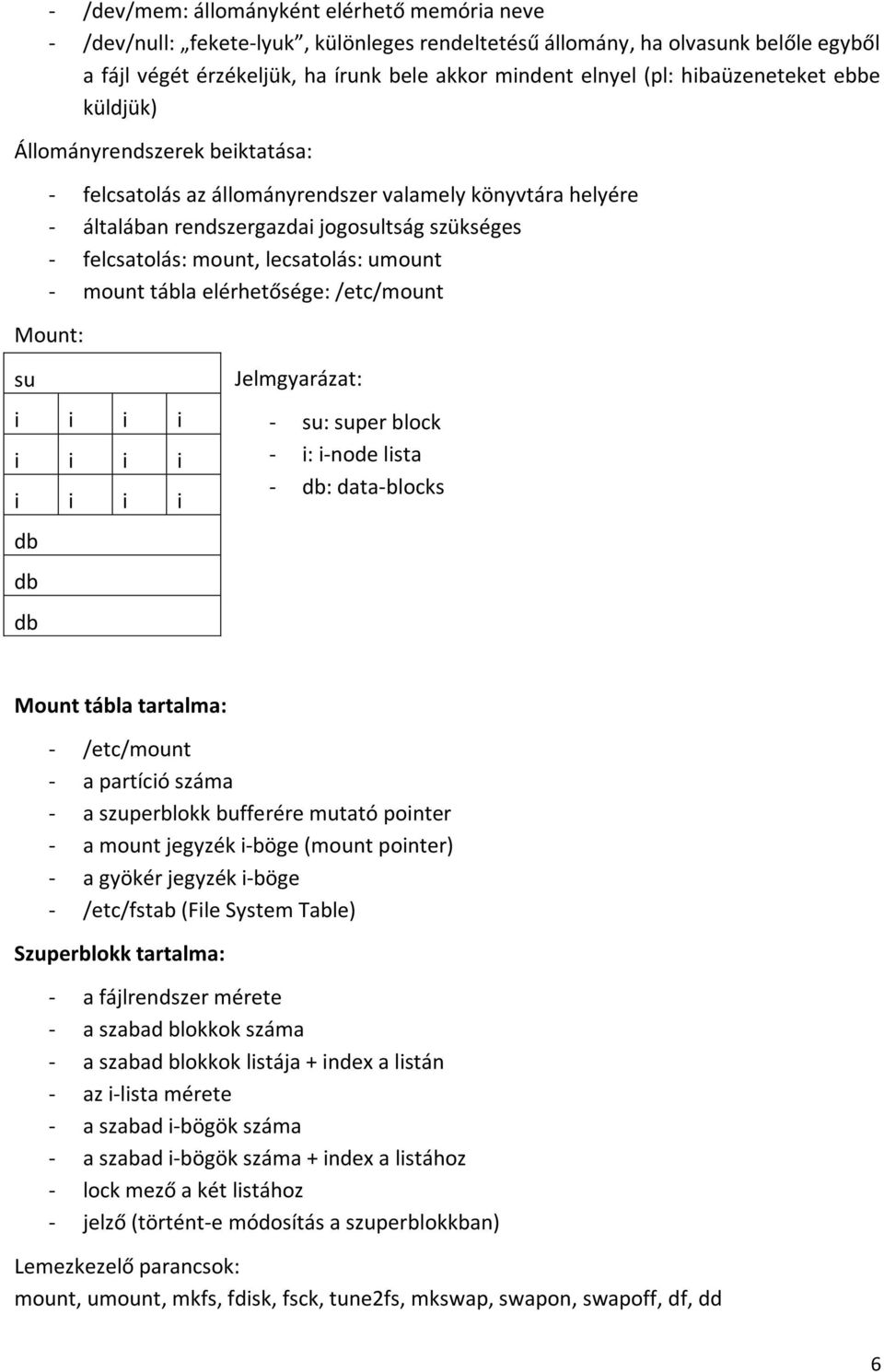 lecsatolás: umount - mount tábla elérhetősége: /etc/mount Mount: su i i i i i i i i i i i i db db db Jelmgyarázat: - su: super block - i: i-node lista - db: data-blocks Mount tábla tartalma: -