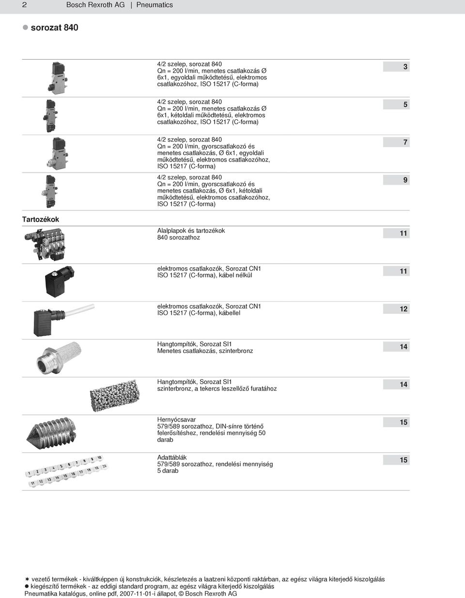 csatlakozás, Ø 6x1, egyoldali működtetésű, elektromos csatlakozóhoz, ISO 15217 (C-forma) 4/2 szelep, sorozat 840 Qn = 200 l/min, gyorscsatlakozó és menetes csatlakozás, Ø 6x1, kétoldali működtetésű,