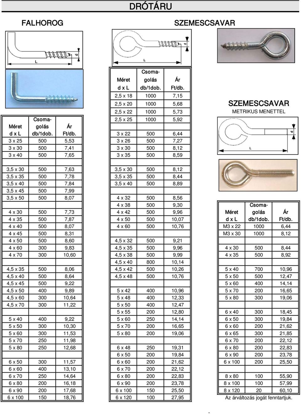 3 x 22 500 6,44 3 x 25 500 5,53 3 x 26 500 7,27 3 x 30 500 7,41 3 x 30 500 8,12 3 x 40 500 7,65 3 x 35 500 8,59 SZEMESCSAVAR METRIKUS MENETTEL 3,5 x 30 500 7,63 3,5 x 30 500 8,12 3,5 x 35 500 7,78