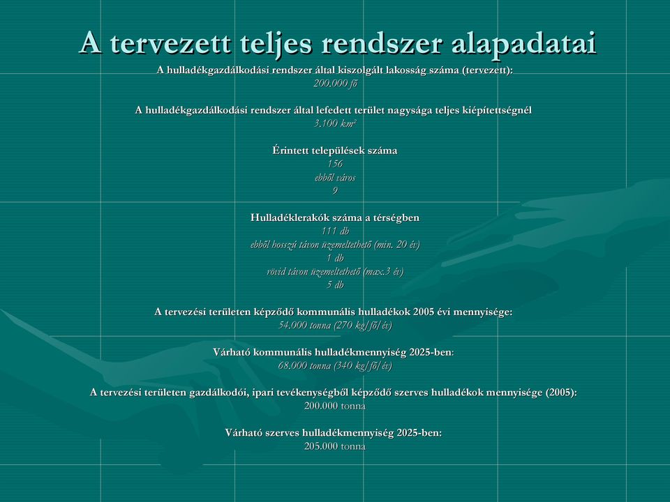 100 km² km² Érintett települések száma 156 ebből város 9 Hulladéklerakók száma a térségben 111 db ebből hosszú távon üzemeltethető (min. 20 év) 1 db rövid távon üzemeltethető (max.