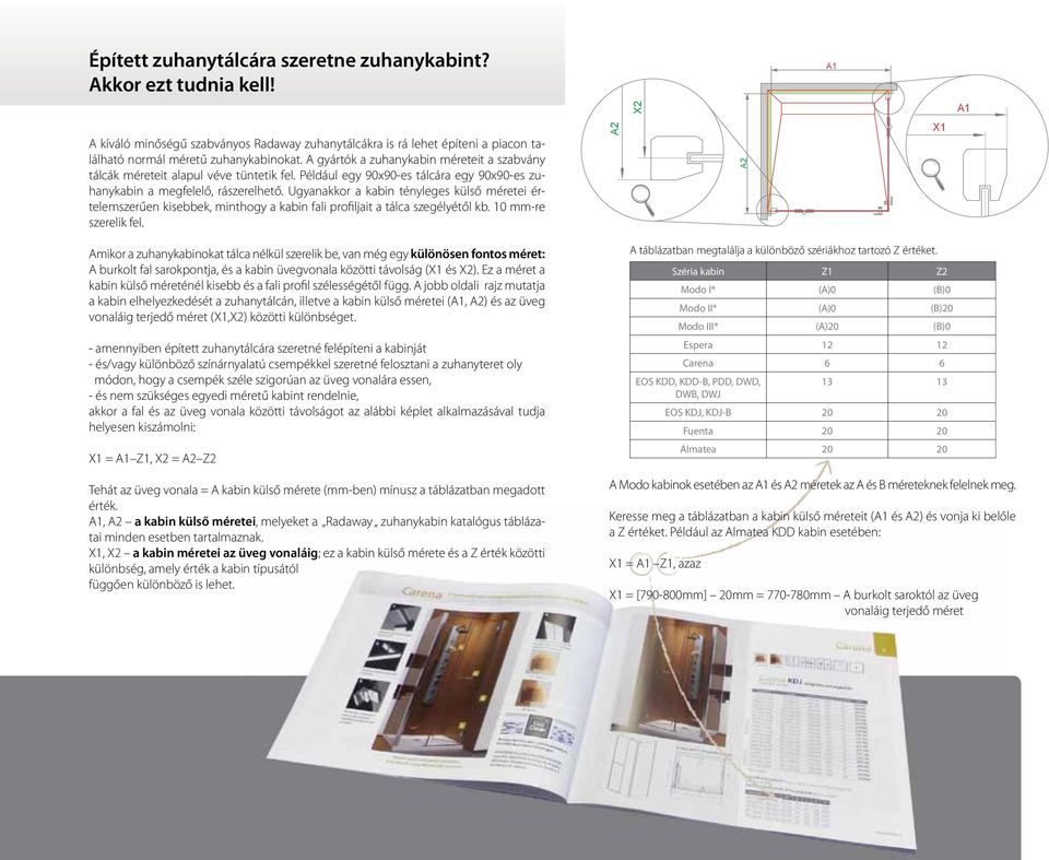 Ugyanakkor a kabin tényleges külső méretei értelemszerűen kisebbek, minthogy a kabin fali profiljait a tálca szegélyétől kb. 10 mm-re szerelik fel.