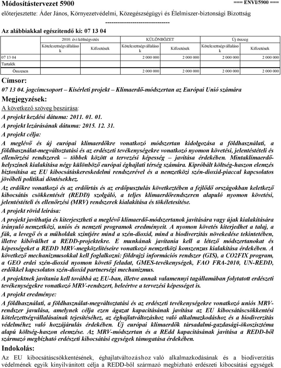 jogcímcsoport Kísérleti projet Klímaerdő-módszertan az Európai Unió számára Megjegyzése: A övetező szöveg beszúrása: A projet ezdési dátuma: 2011. 01. 01. A projet lezárásána dátuma: 2015. 12. 31.