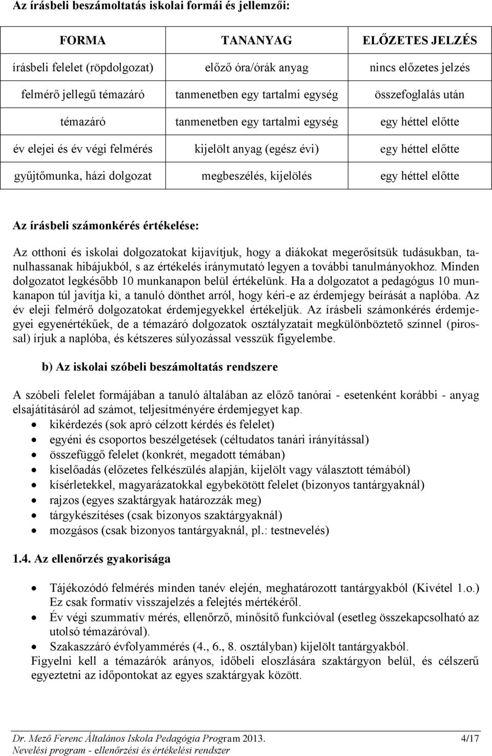 megbeszélés, kijelölés egy héttel előtte Az írásbeli számonkérés értékelése: Az otthoni és iskolai dolgozatokat kijavítjuk, hogy a diákokat megerősítsük tudásukban, tanulhassanak hibájukból, s az