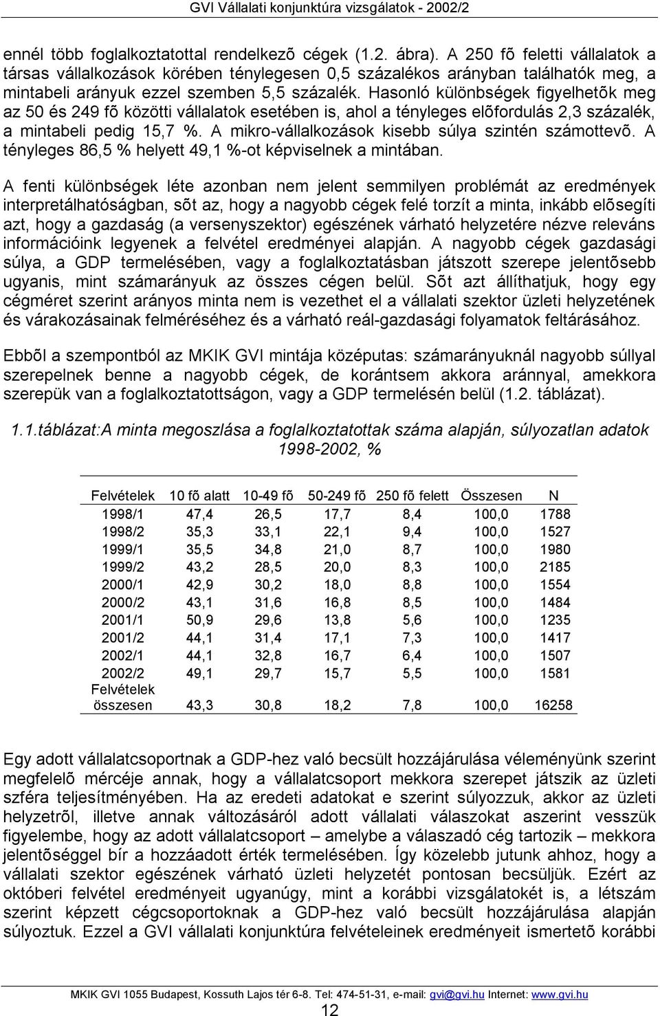 Hasonló különbségek figyelhetõk meg az 50 és 249 fõ közötti vállalatok esetében is, ahol a tényleges elõfordulás 2,3 százalék, a mintabeli pedig 15,7 %.