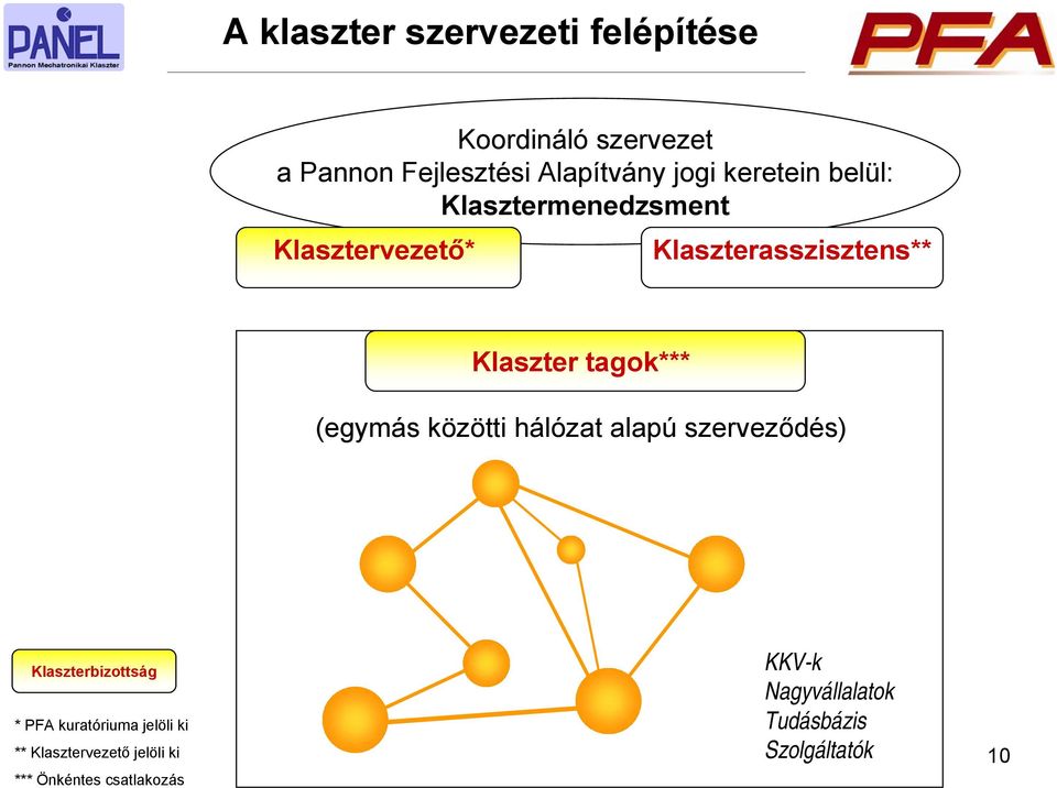 (egymás közötti hálózat alapú szerveződés) Klaszterbizottság * PFA kuratóriuma jelöli ki **