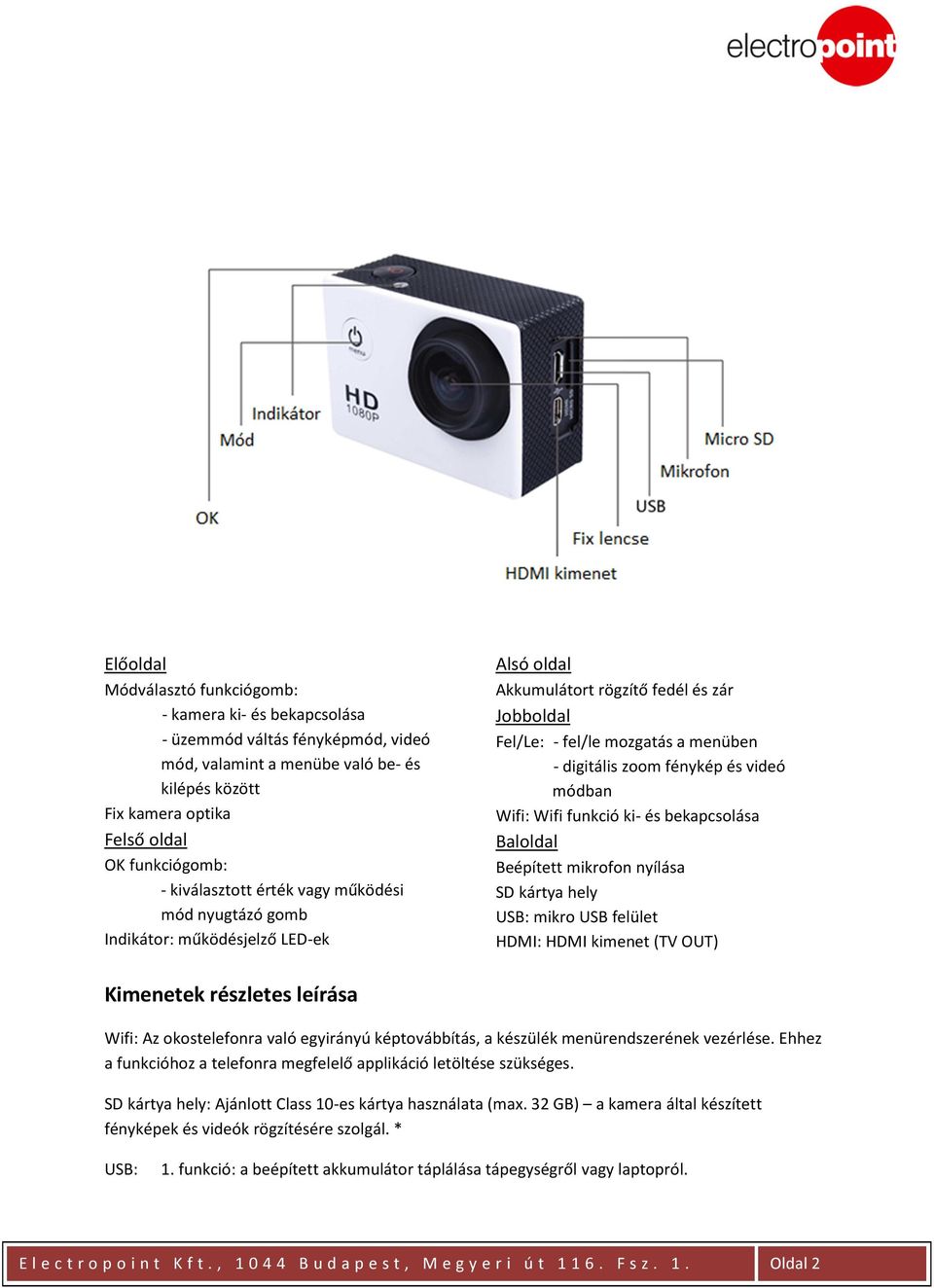 és videó módban Wifi: Wifi funkció ki- és bekapcsolása Baloldal Beépített mikrofon nyílása SD kártya hely USB: mikro USB felület HDMI: HDMI kimenet (TV OUT) Kimenetek részletes leírása Wifi: Az