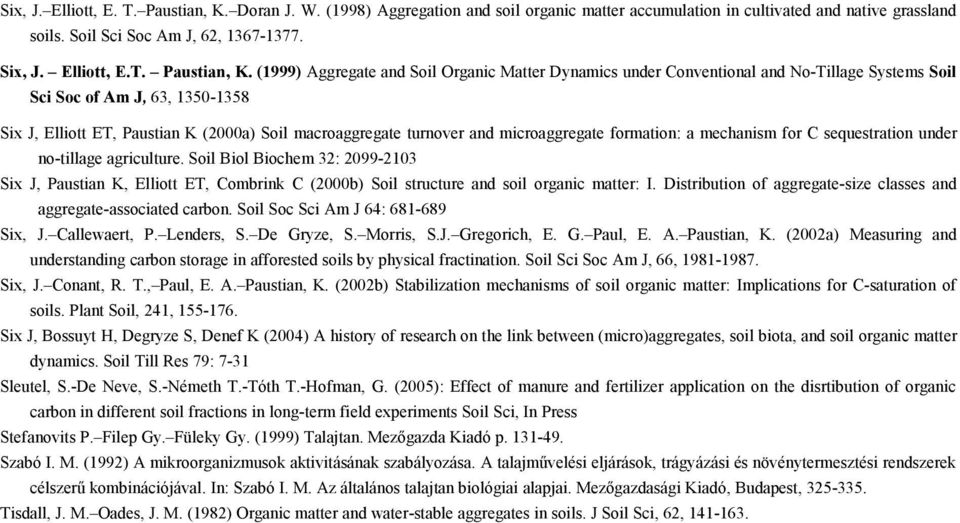 (1999) Aggregate and Soil Organic Matter Dynamics under Conventional and No-Tillage Systems Soil Sci Soc of Am J, 63, 1350-1358 Six J, Elliott ET, Paustian K (2000a) Soil macroaggregate turnover and