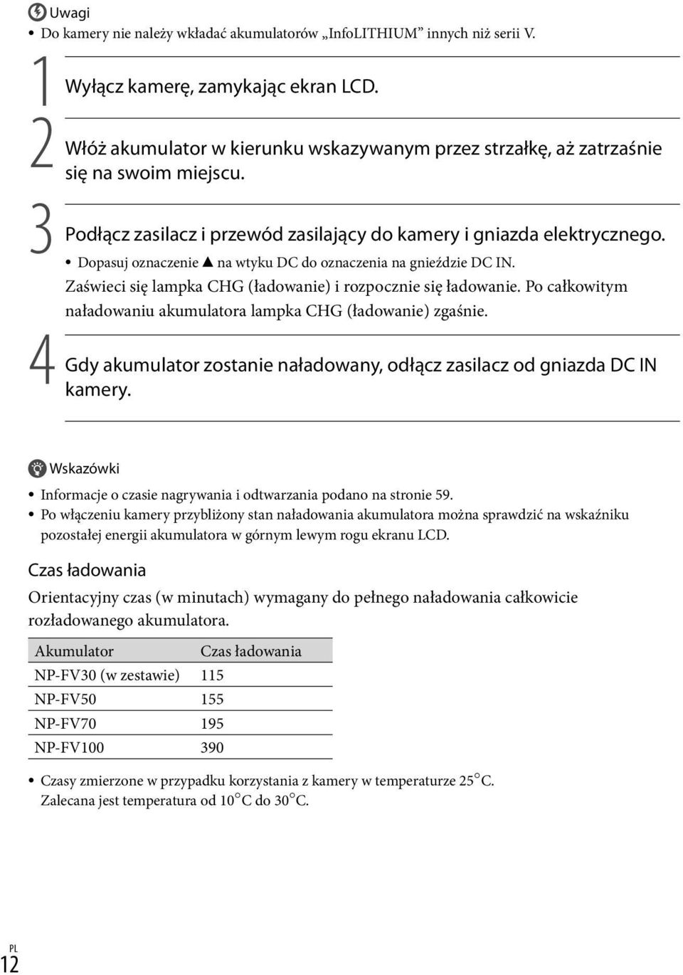 Dopasuj oznaczenie na wtyku DC do oznaczenia na gnieździe DC IN. Zaświeci się lampka CHG (ładowanie) i rozpocznie się ładowanie. Po całkowitym naładowaniu akumulatora lampka CHG (ładowanie) zgaśnie.