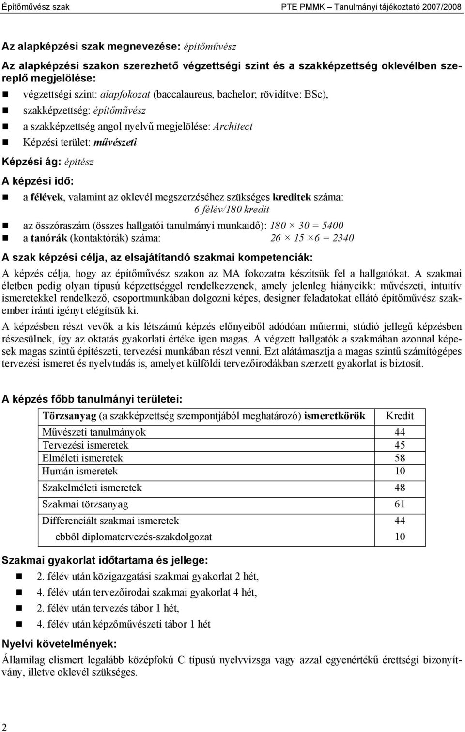 Képzési ág: építész A képzési idő: a félévek, valamint az oklevél megszerzéséhez szükséges kreditek száma: 6 félév/180 kredit az összóraszám (összes hallgatói tanulmányi munkaidő): 180 30 = 5400 a