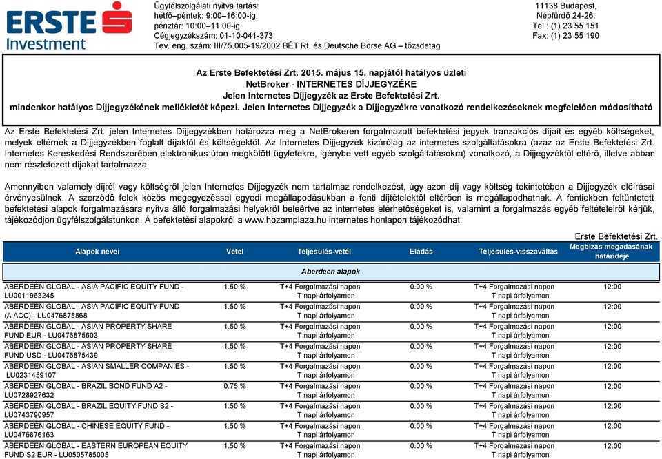 napjától hatályos üzleti NetBroker - INTERNETES DÍJJEGYZÉKE Jelen Internetes Díjjegyzék az Erste Befektetési Zrt. mindenkor hatályos Díjjegyzékének mellékletét képezi.