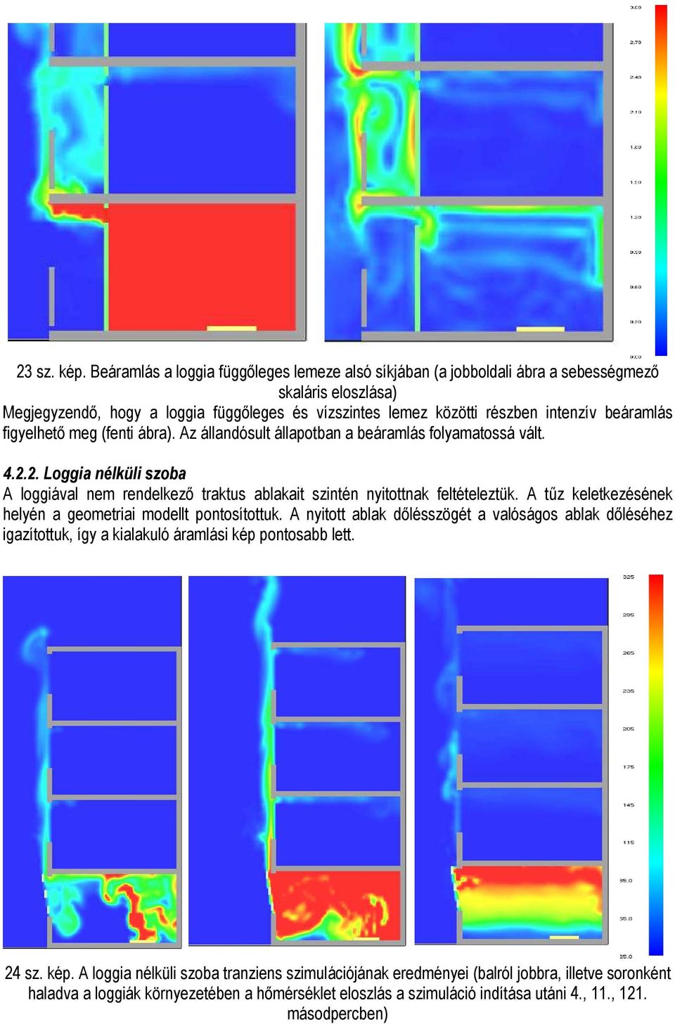 figyelhetı meg (fenti ábra). Az állandósult állapotban a beáramlás folyamatossá vált. 4.2.2. Loggia nélküli szoba A loggiával nem rendelkezı traktus ablakait szintén nyitottnak feltételeztük.