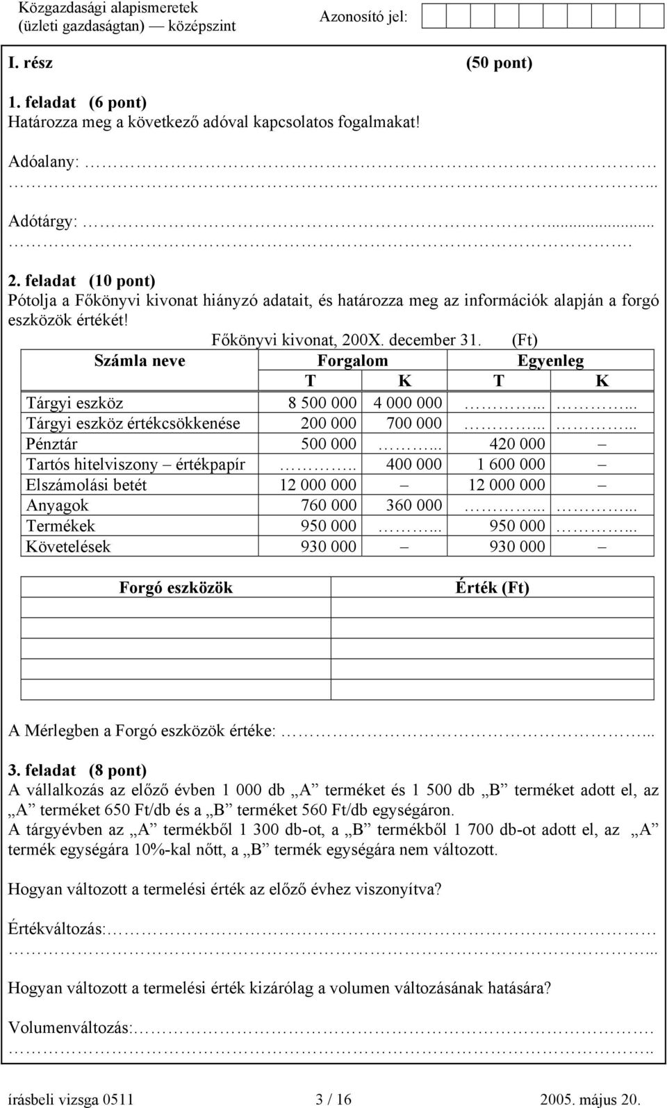 (Ft) Számla neve Forgalom Egyenleg T K T K Tárgyi eszköz 8 500 000 4 000 000...... Tárgyi eszköz értékcsökkenése 200 000 700 000...... Pénztár 500 000... 420 000 Tartós hitelviszony értékpapír.