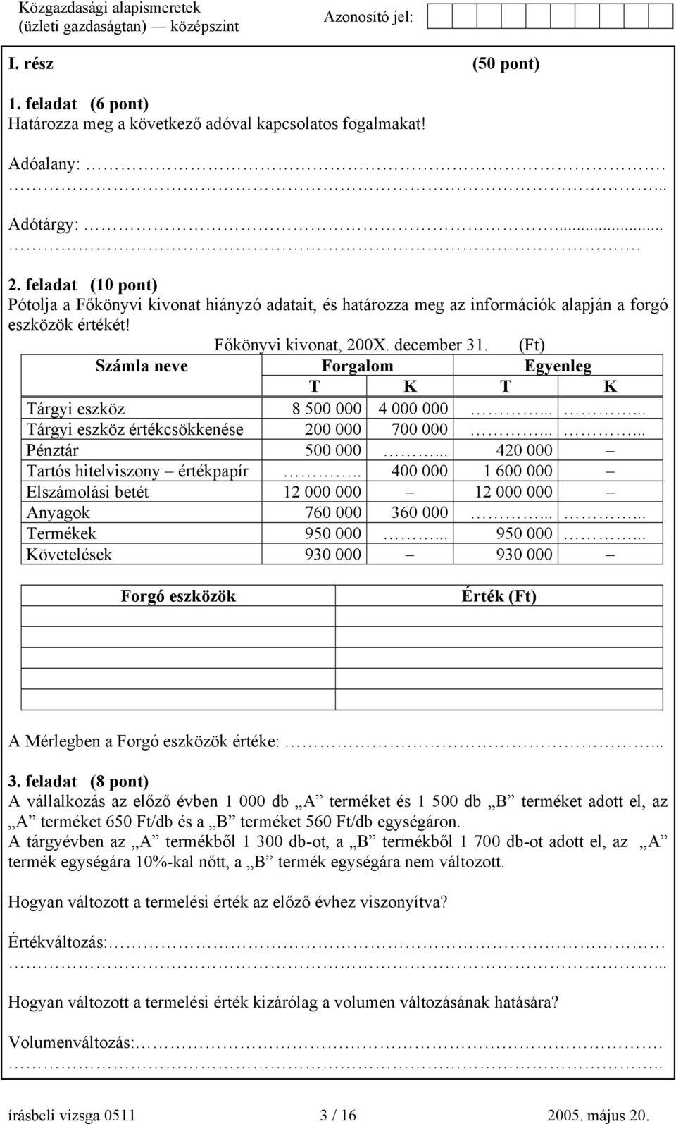 (Ft) Számla neve Forgalom Egyenleg T K T K Tárgyi eszköz 8 500 000 4 000 000...... Tárgyi eszköz értékcsökkenése 200 000 700 000...... Pénztár 500 000... 420 000 Tartós hitelviszony értékpapír.