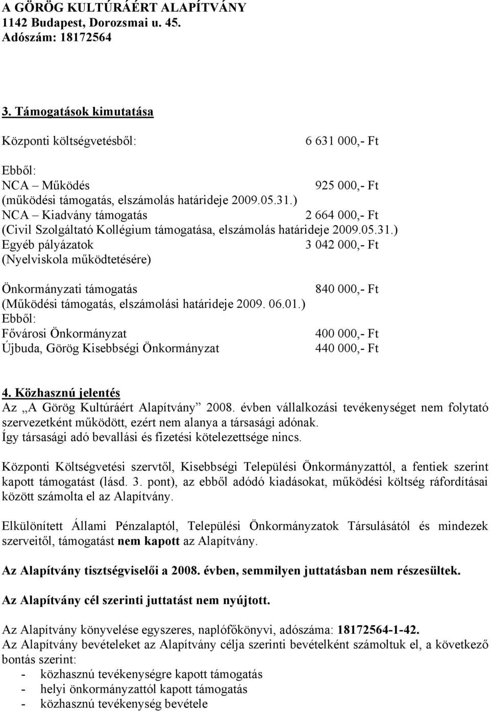 ) Ebből: Fővárosi Önkormányzat Újbuda, Görög Kisebbségi Önkormányzat 840 000,- Ft 400 000,- Ft 440 000,- Ft 4. Közhasznú jelentés Az A Görög Kultúráért Alapítvány 2008.