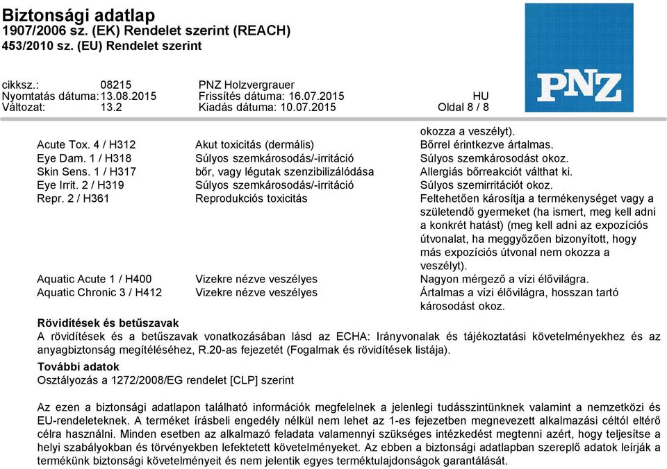 2 / H319 Súlyos szemkárosodás/-irritáció Súlyos szemirritációt okoz. Repr.