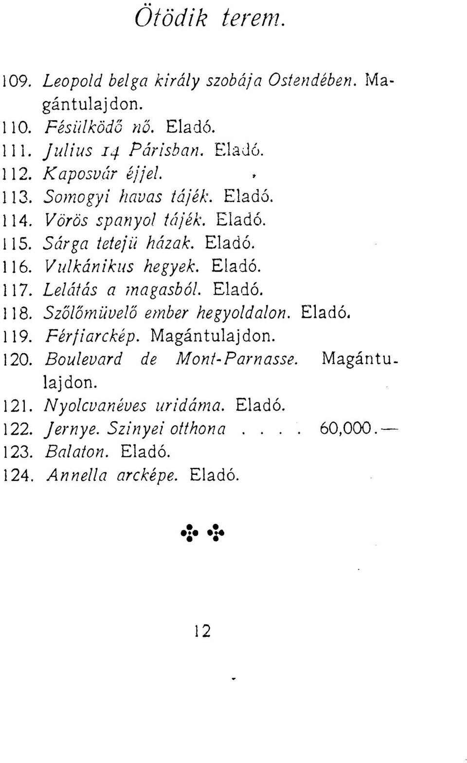 Eladó. 117. Lelátás a magasból. Eladó. 118. Szőlőmüvelő ember hegyoldalon. Eladó. 119. Férjiarckép. Magántulajdon. 120.