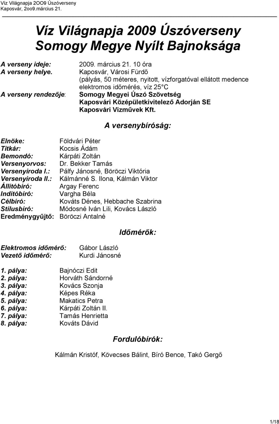 Kaposvári Vízművek Kft. A versenybíróság: Elnöke: Földvári Péter Titkár: Kocsis Ádám Bemondó: Kárpáti Zoltán Versenyorvos: Dr. Bekker Tamás Versenyiroda I.