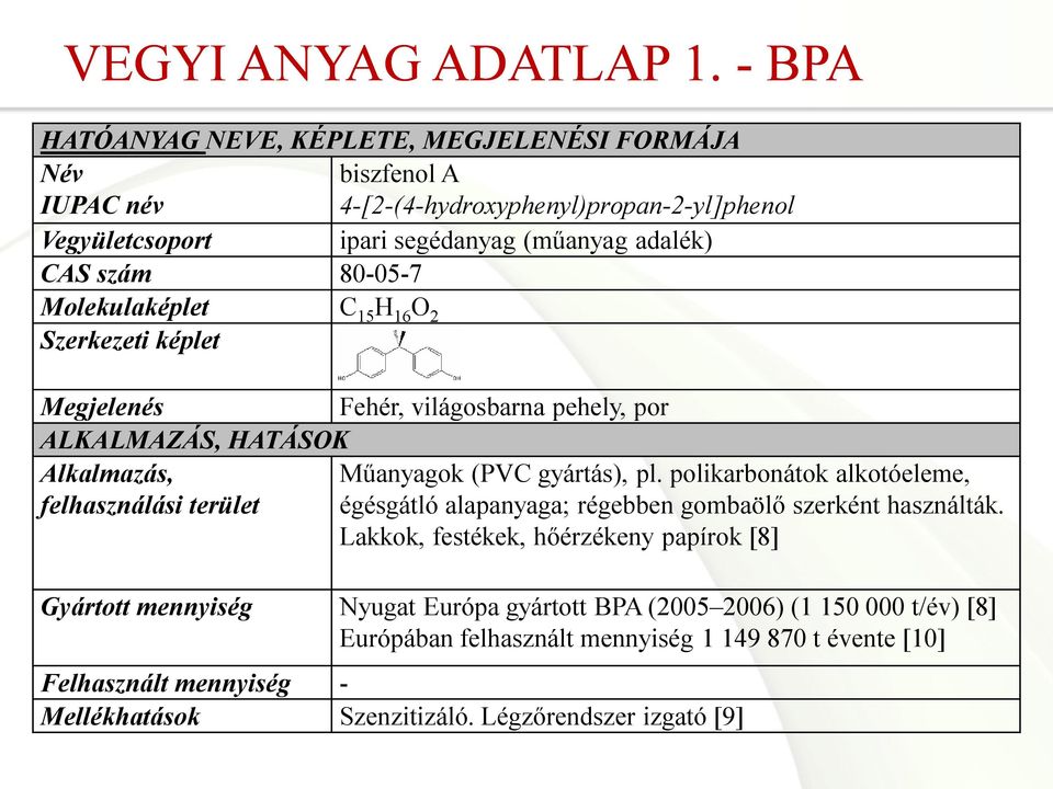 80-05-7 Molekulaképlet C 15 H 16 O 2 Szerkezeti képlet Megjelenés Fehér, világosbarna pehely, por ALKALMAZÁS, HATÁSOK Alkalmazás, Műanyagok (PVC gyártás), pl.