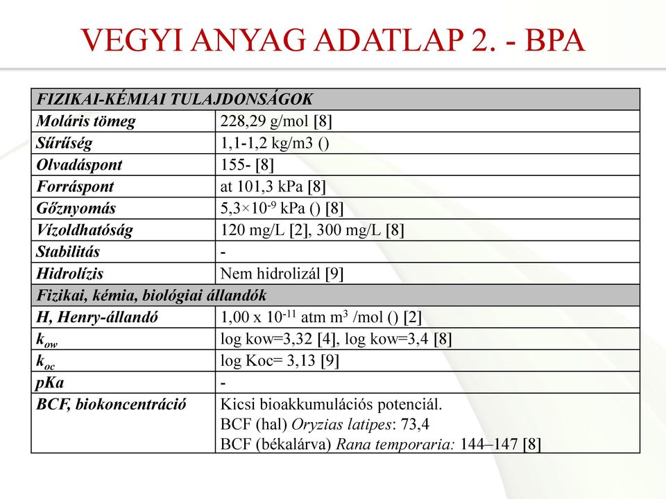 Gőznyomás 5,3 10-9 kpa () [8] Vízoldhatóság 120 mg/l [2], 300 mg/l [8] Stabilitás - Hidrolízis Nem hidrolizál [9] Fizikai, kémia, biológiai