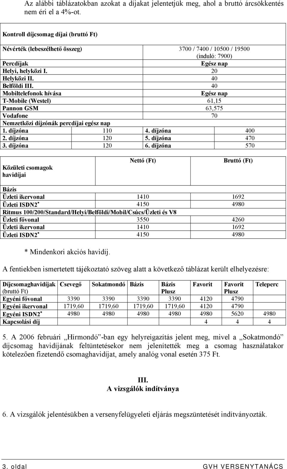 40 Mobiltelefonok hívása Egész nap T-Mobile (Westel) 61,15 Pannon GSM 63,575 Vodafone 70 Nemzetközi díjzónák percdíjai egész nap 1. díjzóna 110 4. díjzóna 400 2. díjzóna 120 5. díjzóna 470 3.