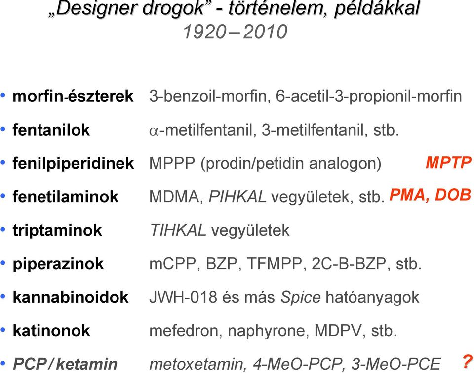 fenilpiperidinek fenetilaminok triptaminok MPPP (prodin/petidin analogon) MDMA, PIHKAL vegyületek, stb.